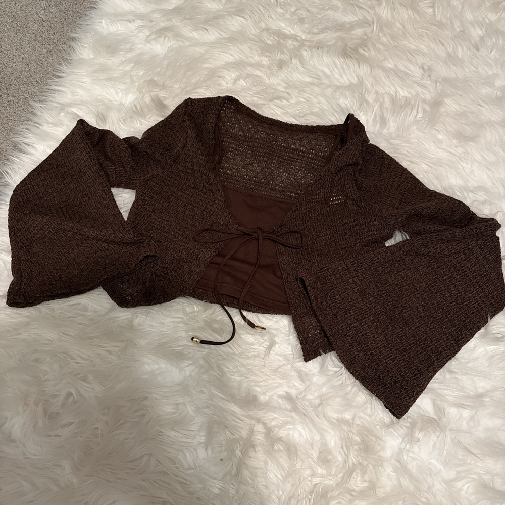 Shein Cropped Knit Tie Up Cardigan with Bell Sleeves with Built in Mini Tank